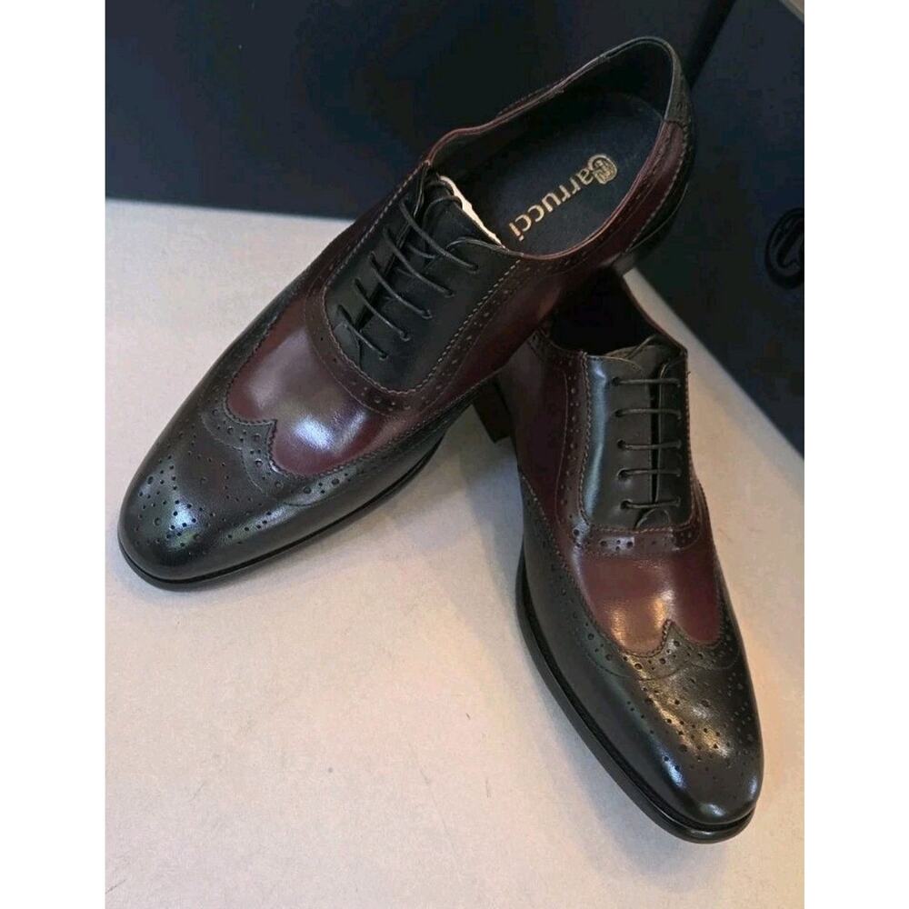 Carrucci Wingtip Oxford Full Brogue Mens Dress Leather Shoes Black/Burgundy 10.5 - Picture 7 of 7